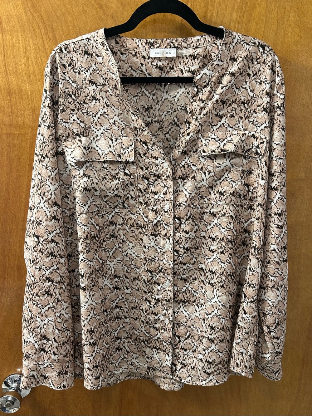 Calvin Klein Beige and Black Snake-Print Button-Front Blouse